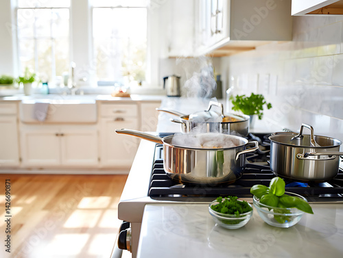 Wallpaper Mural Sunny Day Cooking Scene with Steaming Pots, Fresh Herbs, and Natural Light Filling a Bright, Inviting Kitchen Full of Warm Energy Torontodigital.ca