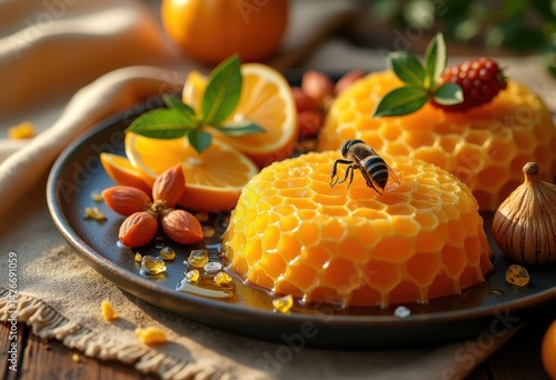 Obraz na płótnie colorful mead plate vibrant honeycomb bright yellow rich earthy colors artisan bee products natural, nectar, food, ceramic, design, traditional, beekeeping w salonie