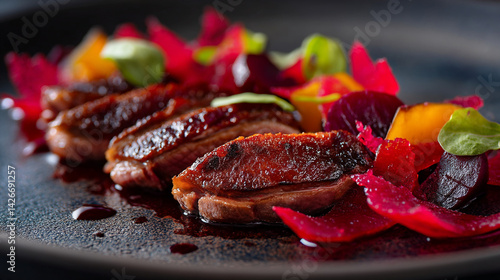 Fototapeta Naklejka Na Ścianę i Meble -  Close up of sliced duck breast with beets and greens on a dark plate in soft focus lighting