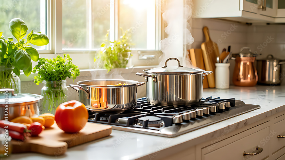 Sunny Day Cooking Scene with Steaming Pots, Fresh Herbs, and Natural Light Filling a Bright, Inviting Kitchen Full of Warm Energy Sunny Day Cooking Scene with Steaming Pots, Fresh Herbs, and Natural Light Filling a Bright, Inviting Kitchen Full of Warm Energy