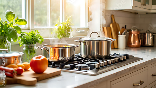 Sunny Day Cooking Scene with Steaming Pots, Fresh Herbs, and Natural Light Filling a Bright, Inviting Kitchen Full of Warm Energy