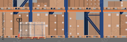 Warehouse interior with loaded pallet jack truck