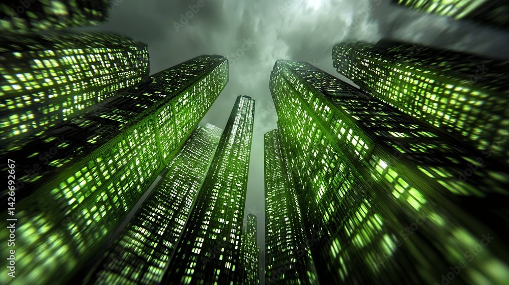 Naklejka premium Futuristic Green Cityscape Under Dramatic Cloudy Sky