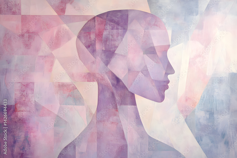 abstract composition with human figures evolving through geometric shapes, illustrated in shades of soft pink and lavender, to represent psychological growth, decision-making, discernment.