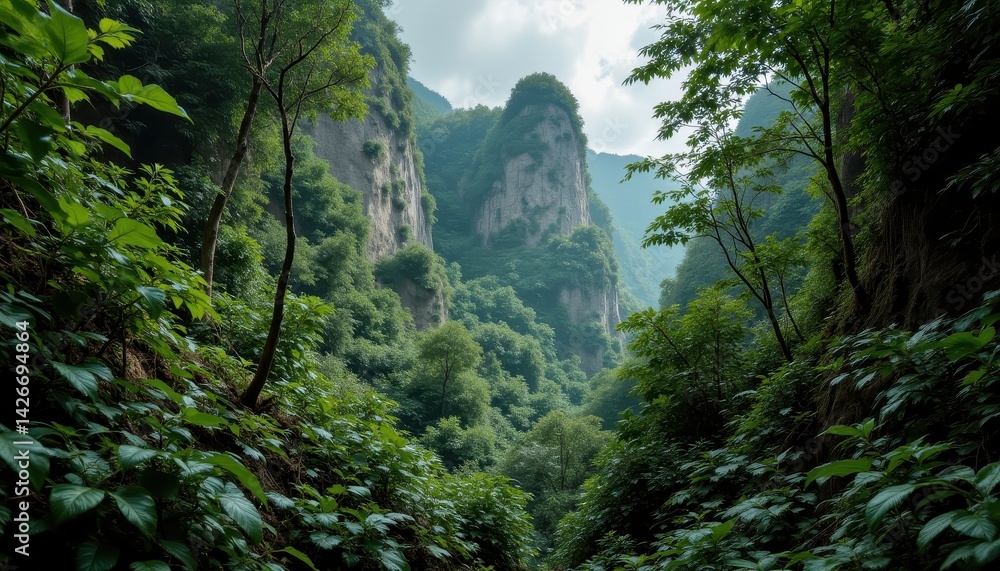 Fototapeta premium tropical rainforest, dense green foliage, peaceful scene, exotic animals, hidden adventure, mysterious stone formations