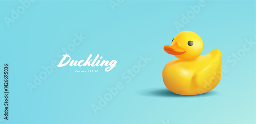 Plastic realistic duckling on a turquoise background. Toy, icon. Bird floating on the river, water. Vector illustration.