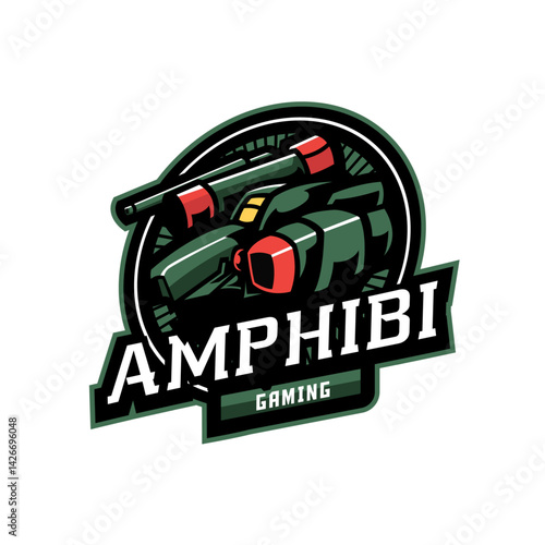 Amphibi Gaming Logo: A powerful and dynamic logo design for an esports team or gaming community, featuring a stylized amphibious vehicle emblem with bold typography.