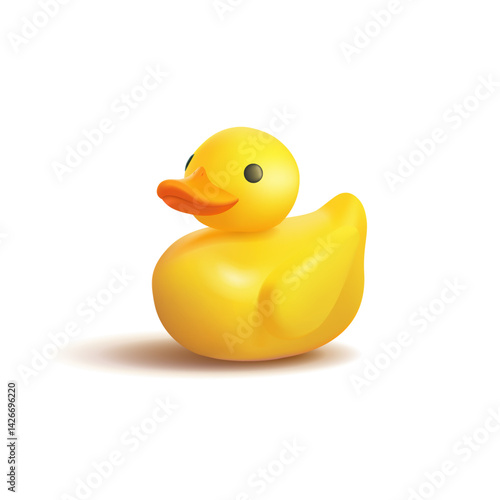 3D realistic duckling on white background. Yellow duck for toy design concepts, bathing, washing. Vector illustration.