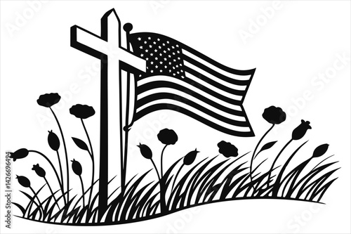 Minimalist silhouette of a battlefield cross with flowing American flag and wild poppies