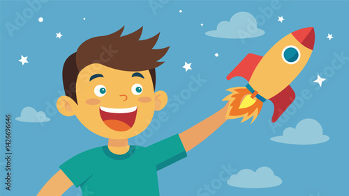 A shy boy excitedly shows off his homemade rocket launch in a vlog his passion for physics shining through his nervous demeanor.. Vector illustration