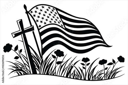 Minimalist silhouette of a battlefield cross with flowing American flag and wild poppies
