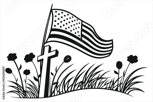 Minimalist silhouette of a battlefield cross with flowing American flag and wild poppies