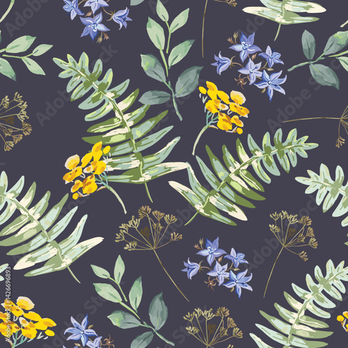 Yellow flowers, bellflowers, green leaves, fern, black background. Floral illustration. Vector seamless pattern. Botanical design. Meadow nature plants