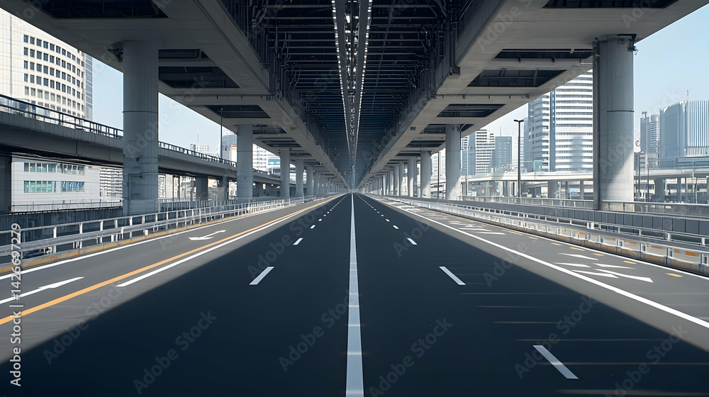 Empty City Highway Under Elevated Roadway Empty City Highway Under Elevated Roadway
