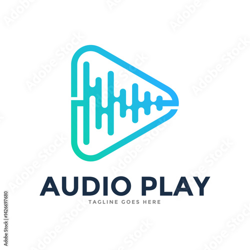 Audio Play Logo: A minimalist logo design, audio waves forming the iconic play button symbol, embodying the essence of music and audio representation.