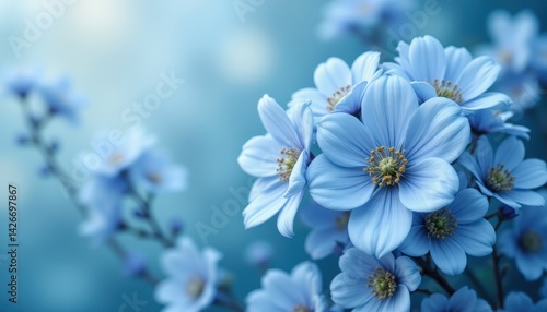 blue blurred background, beautiful flowers, dreamy floral aesthetic