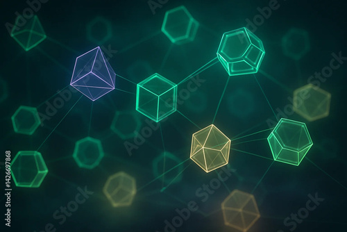 Abstract glowing geometric shapes connected by lines symbolize digital blockchain or network technology concept.