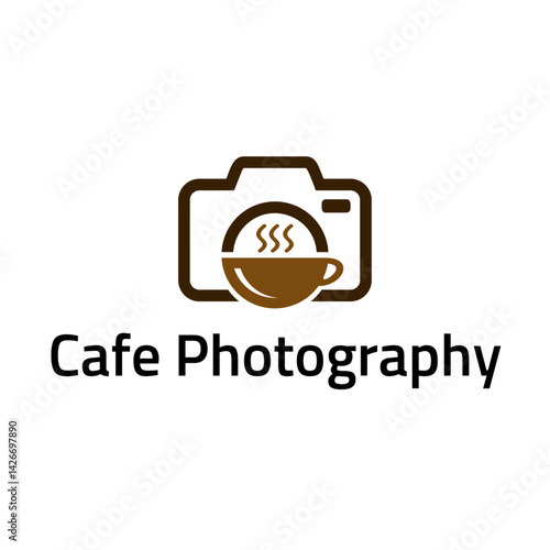 Cafe Photography Logo: A unique and creative logo featuring a coffee cup with steam subtly integrated into the form of a camera lens, ideal for businesses that deal with both photography and coffee. 