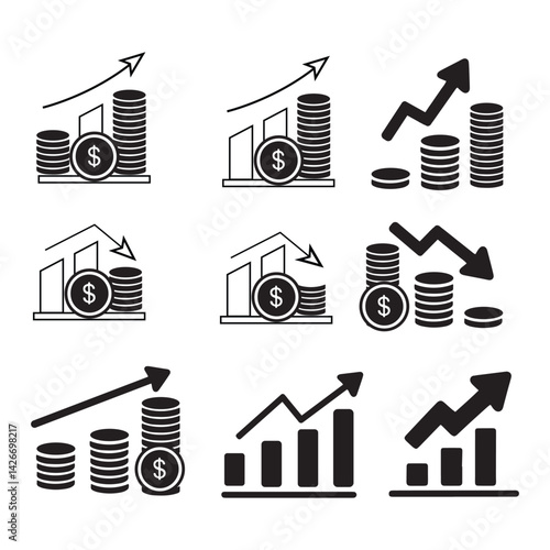 Income, Money, Finance, Graph, Chart, Growth, Investment icon set.