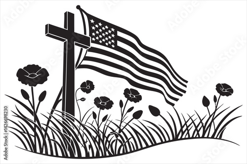 Minimalist silhouette of a battlefield cross with flowing American flag and wild poppies