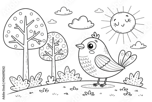 Adorable cartoon bird enjoying a sunny day in a whimsical forest scene with simple line art style perfect for kids coloring pages and activities