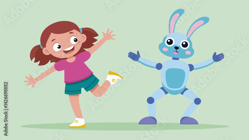 A young girl showing off her robot bunnys new dance moves which it learned from mimicking her own dancing.. Vector illustration
