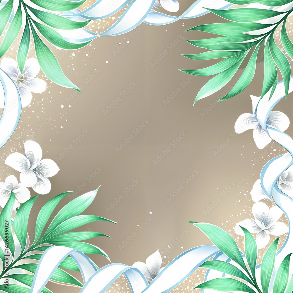 Tropical floral frame with green leaves and white flowers