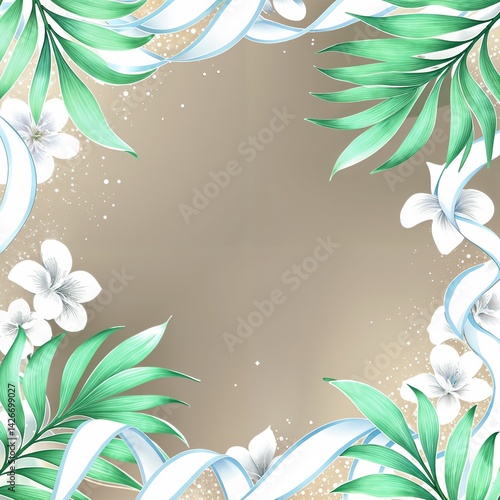 Obraz na płótnie Tropical floral frame with green leaves and white flowers w salonie