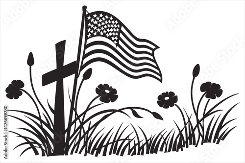 Minimalist silhouette of a battlefield cross with flowing American flag and wild poppies
