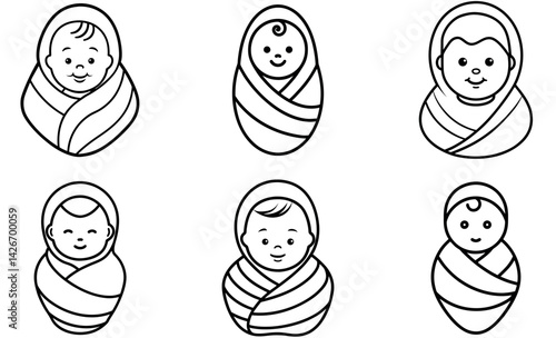 Cute Outline Illustration of Babies in Blankets