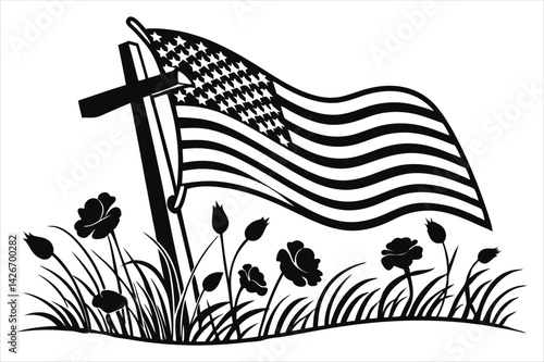 Minimalist silhouette of a battlefield cross with flowing American flag and wild poppies