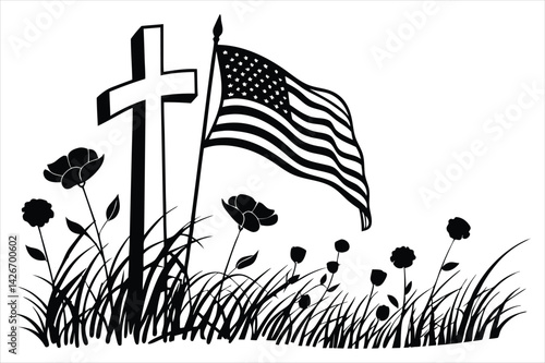 Minimalist silhouette of a battlefield cross with flowing American flag and wild poppies