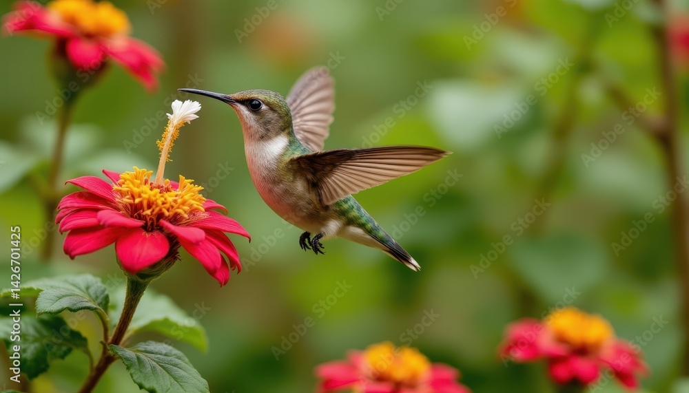 Fototapeta premium Scaly breasted hummingbird feeding on flower, mid flight, tropical flora, vibrant bird detail, photo realistic wildlife image