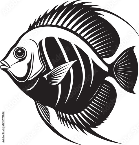 discus fish icon, discus fish silhouette vector Discus Fish on white background discus fish line drawn outline vector art - illustration