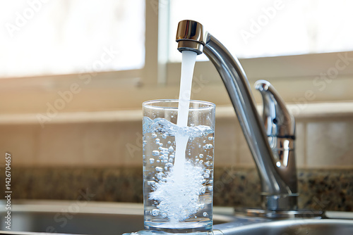 Pouring clean, refreshing water into a clear glass from a sleek modern kitchen faucet, promoting daily hydration and a healthy lifestyle.