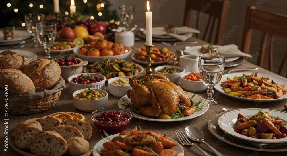 A festive holiday dinner is set, featuring a roasted chicken and an assortment of delicious side dishes. A festive holiday dinner is set, featuring a roasted chicken and an assortment of delicious side dishes.