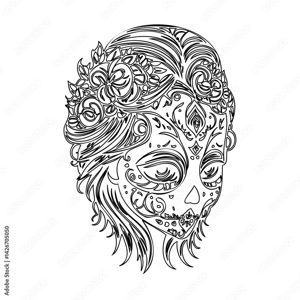 Obraz premium Floral Calavera Outline: Intricate Day of the Dead