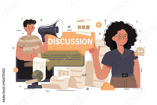 Mass media, press release. Newspaper publishing, daily news, propaganda idea. Tabloid with headline. Reportage, journalism design element. Flat vector modern illustration