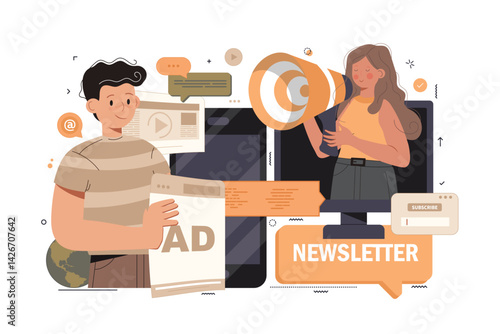 Flat design concept of regularly distributed news publication via e-mail with some topics of interest to its subscribers. Flat vector illustration. Newsletter and digital marketing