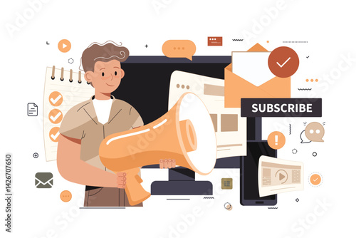 Flat design concept of regularly distributed news publication via e-mail with some topics of interest to its subscribers. Flat vector illustration. Newsletter and digital marketing