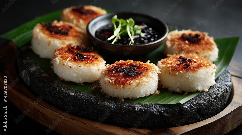 A platter of toasted rice cakes with a dark sauce and sprouts garnish on a banana leaf and stone tray A platter of toasted rice cakes with a dark sauce and sprouts garnish on a banana leaf and stone tray