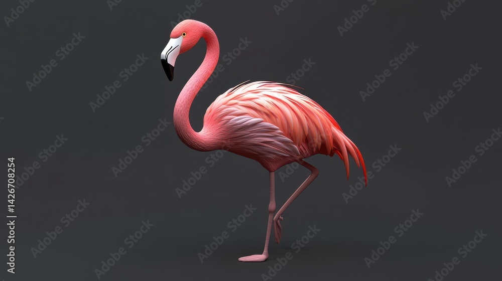 Fototapeta premium A 3D representation of a vibrant pink flamingo set against a simple background.