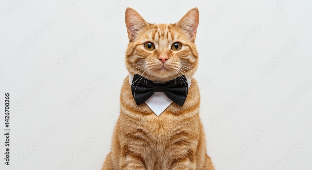 Obraz premium A handsome ginger cat is elegantly dressed in a black bow tie, posing for the camera.
