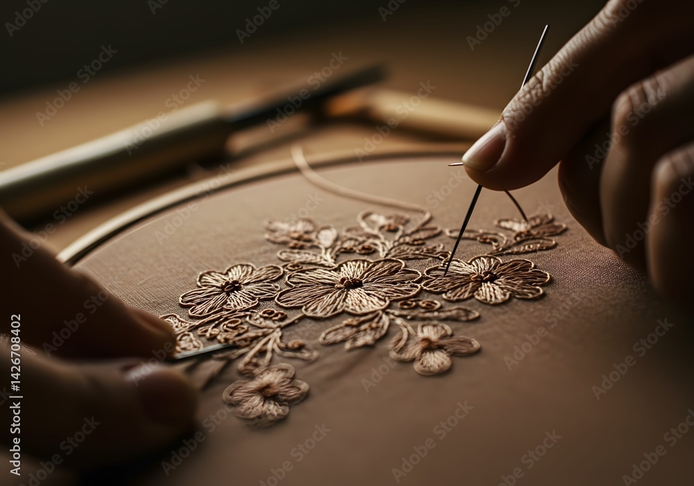 Obraz premium Close-up of Hands Skillfully Embroidering Delicate Floral Design