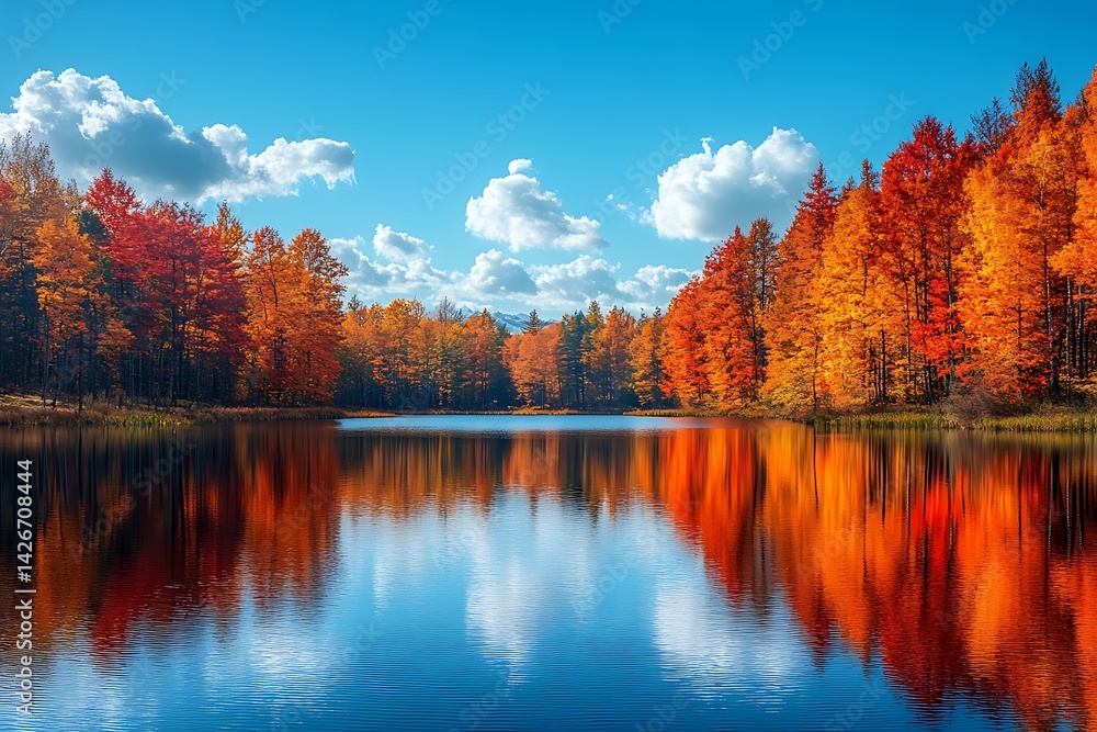 Obraz premium Vibrant autumn trees reflecting on calm lake under blue sky with clouds