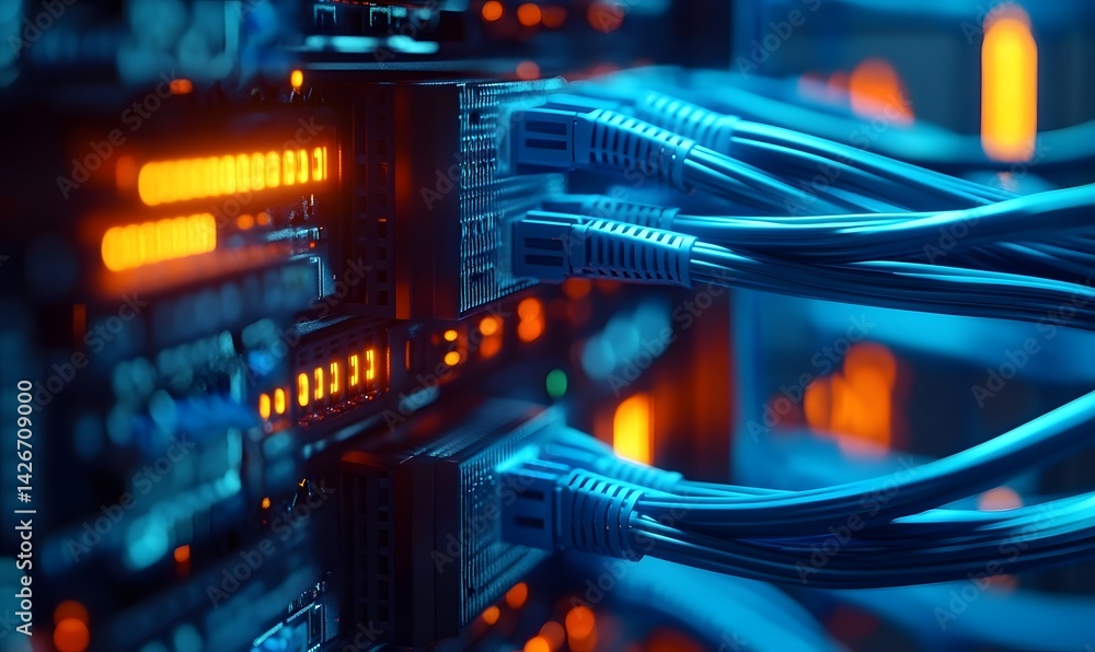 Networked Connectivity: A detailed look at the intricate network of cables and devices, a hub of the digital age, symbolizing connectivity. Networked Connectivity: A detailed look at the intricate network of cables and devices, a hub of the digital age, symbolizing connectivity.