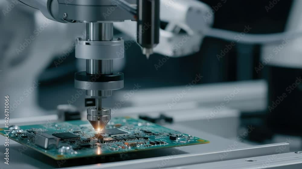 Robotic arm is precisely soldering circuit board in advanced technology setting Robotic arm is precisely soldering circuit board in advanced technology setting