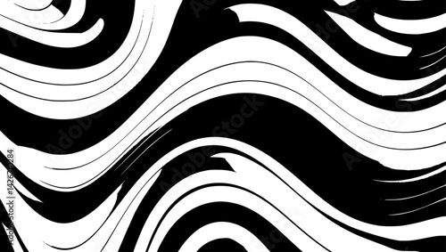 Swirling black and white pattern creates optical illusion with dynamic, wavy lines, forming a hypnotic and abstract, high-contrast visual experience