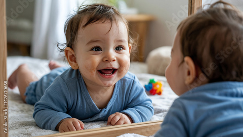 Baby laughs at its own reflection in mirror