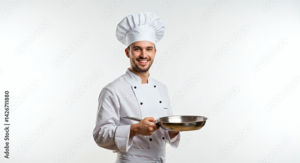 A happy chef in uniform, smiling and holding a frying pan, ready to cook a great meal. A happy chef in uniform, smiling and holding a frying pan, ready to cook a great meal.